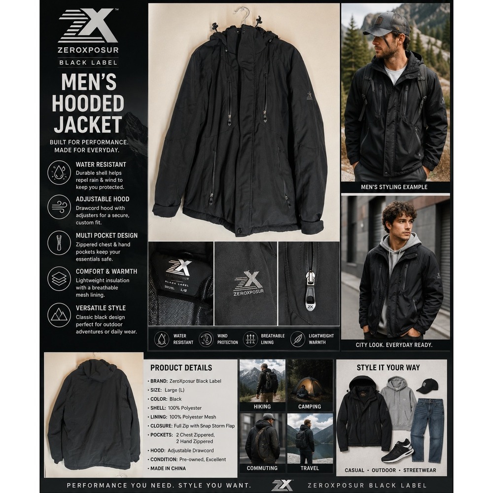 ZeroXposur Black Label Mens Hooded Softshell Jacket Black Water Resistant Large
